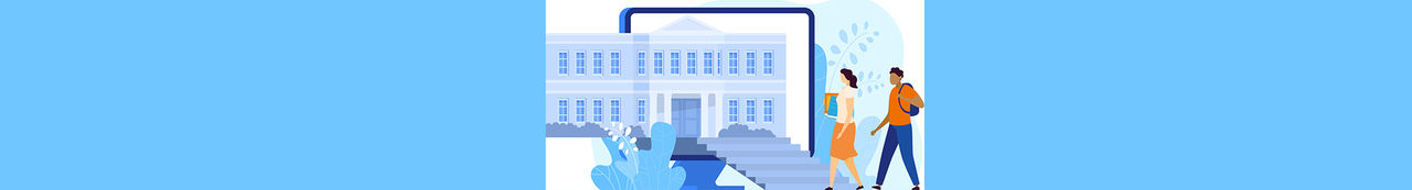 Illustration of two students with books and backpacks walking toward a school building