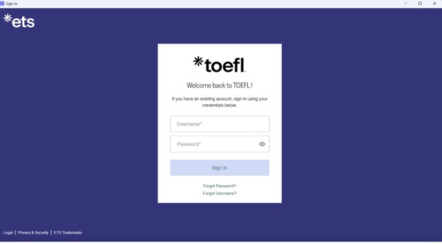 TOEFL-Anmeldeseite