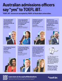 Ein Vorschaubild eines Flyers, der mehrere australische Zulassungsbeamte hervorhebt, die über die Annahme des TOEFL iBT-Tests sprechen