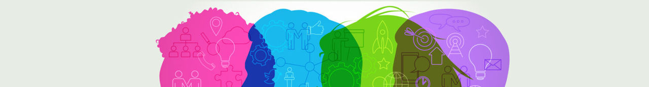 Collage of symbols including a light bulb, rocket, magnifying glass, and star