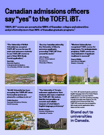 A thumbnail of the Canadian Admissions Flyer, showing 5 admissions officers share why their universities accept the TOEFL iBT test