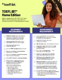 Thumbnail image showing the first page of the TOEFL iBT Home Edition checklist. Check boxes are visible beside equipment and environment requirements.